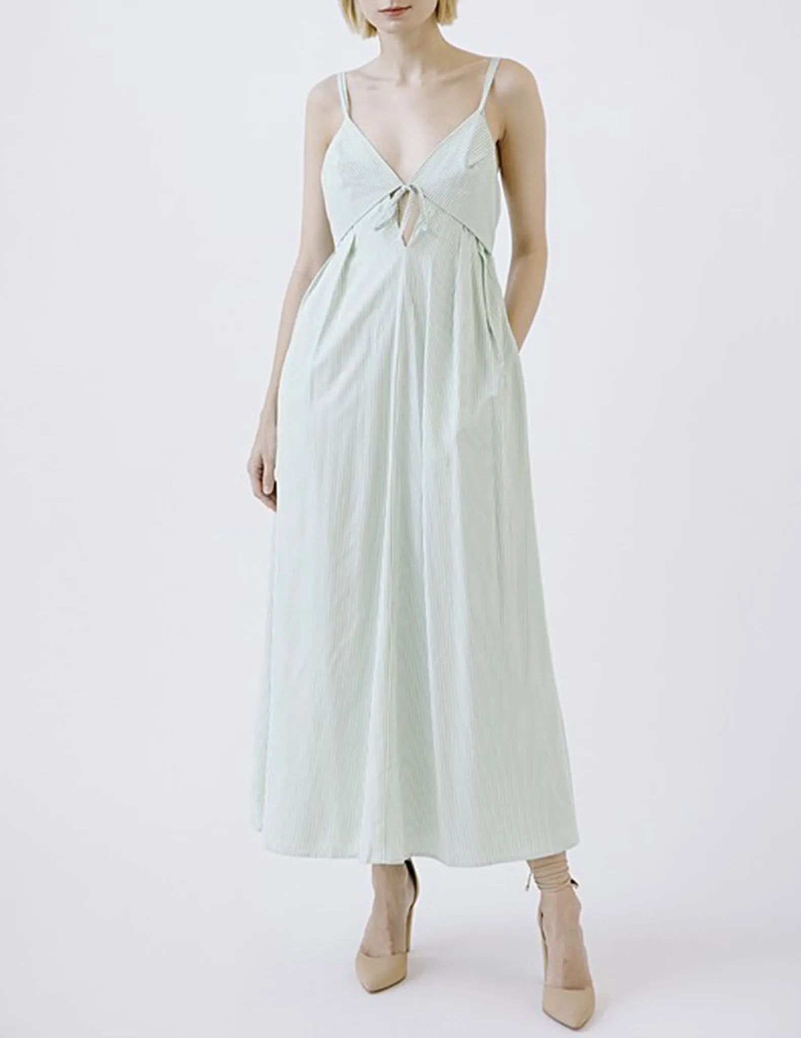 Aster Green Striped Tied-Front Midi Dress