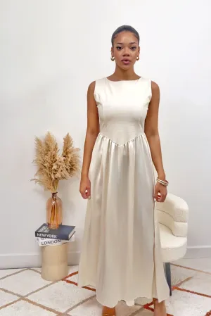 Cream Satin Pleated Drop Waist Summer Dress