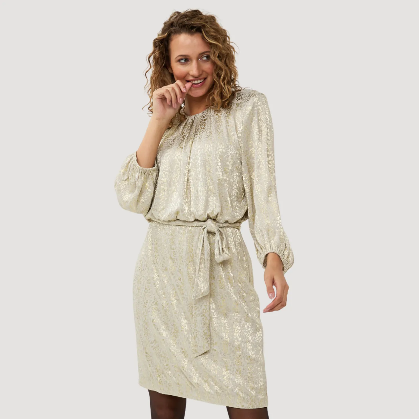 Esqualo Foil Leopard Print Tie Waist Mini Dress | Gold