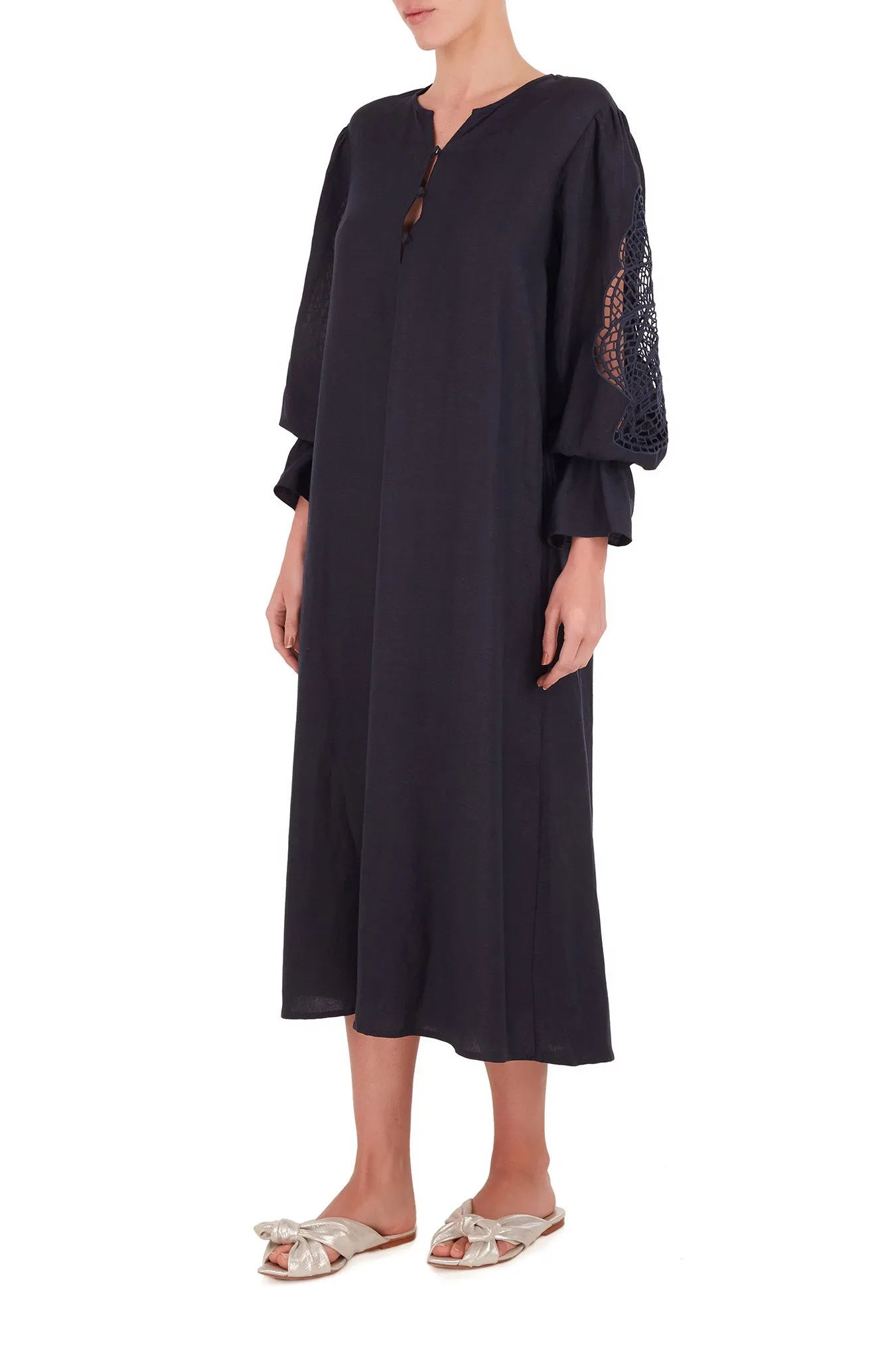 Marine Midi Dress With Seashell Embroidery