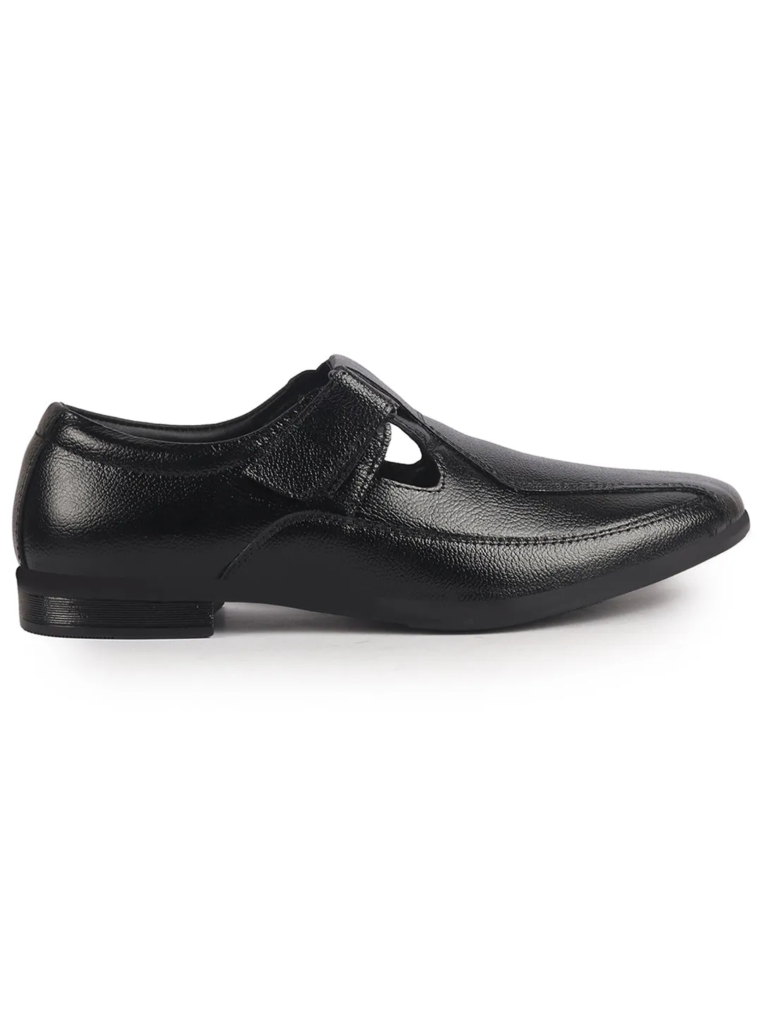 Men Black Genuine Leather Broad Feet Breathable Slip On Adjustable Strap Peshawari Shoe Style Sandals|Work Wear|Formal Office Wear