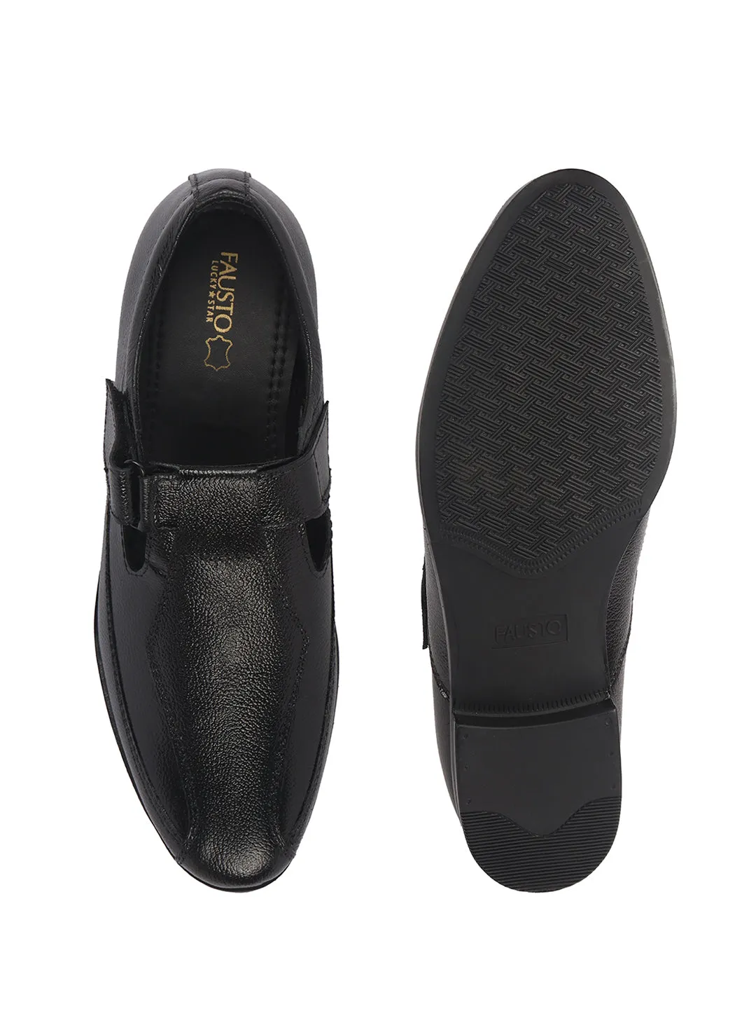 Men Black Genuine Leather Broad Feet Breathable Slip On Adjustable Strap Peshawari Shoe Style Sandals|Work Wear|Formal Office Wear