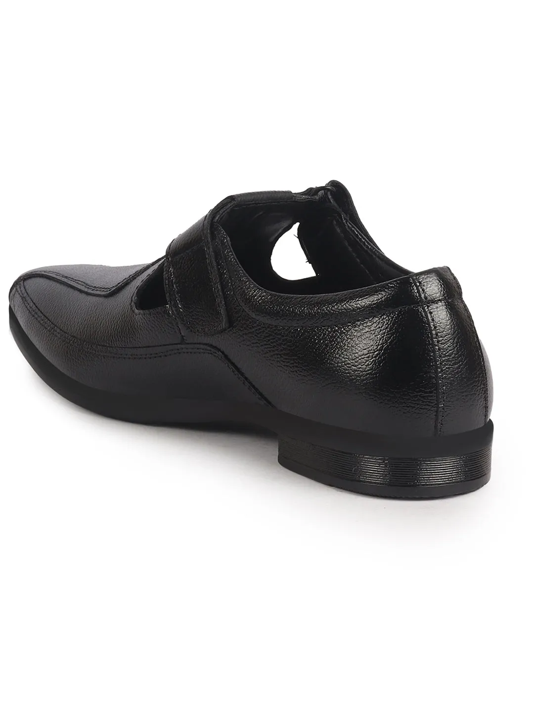 Men Black Genuine Leather Broad Feet Breathable Slip On Adjustable Strap Peshawari Shoe Style Sandals|Work Wear|Formal Office Wear