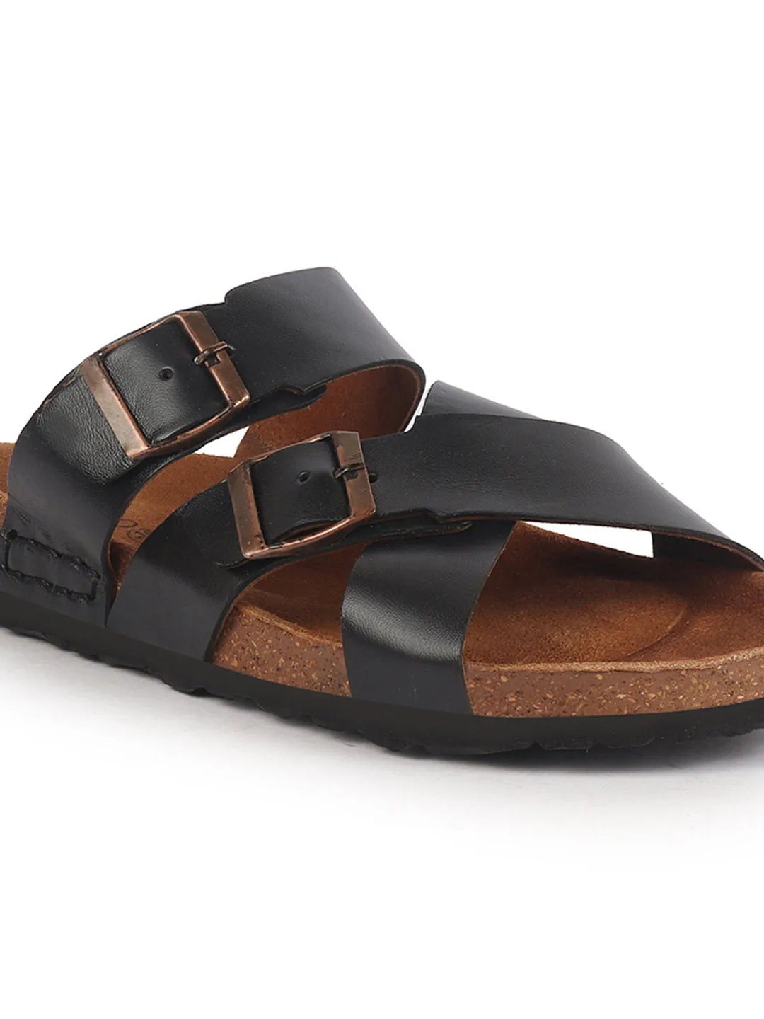Men Black Genuine Leather Open Toe Multi Adjustable Strap Ethnic Kurta Slip On Sandals|Anti-Skid Sole Slippers|Cork Latex Suede Footbed