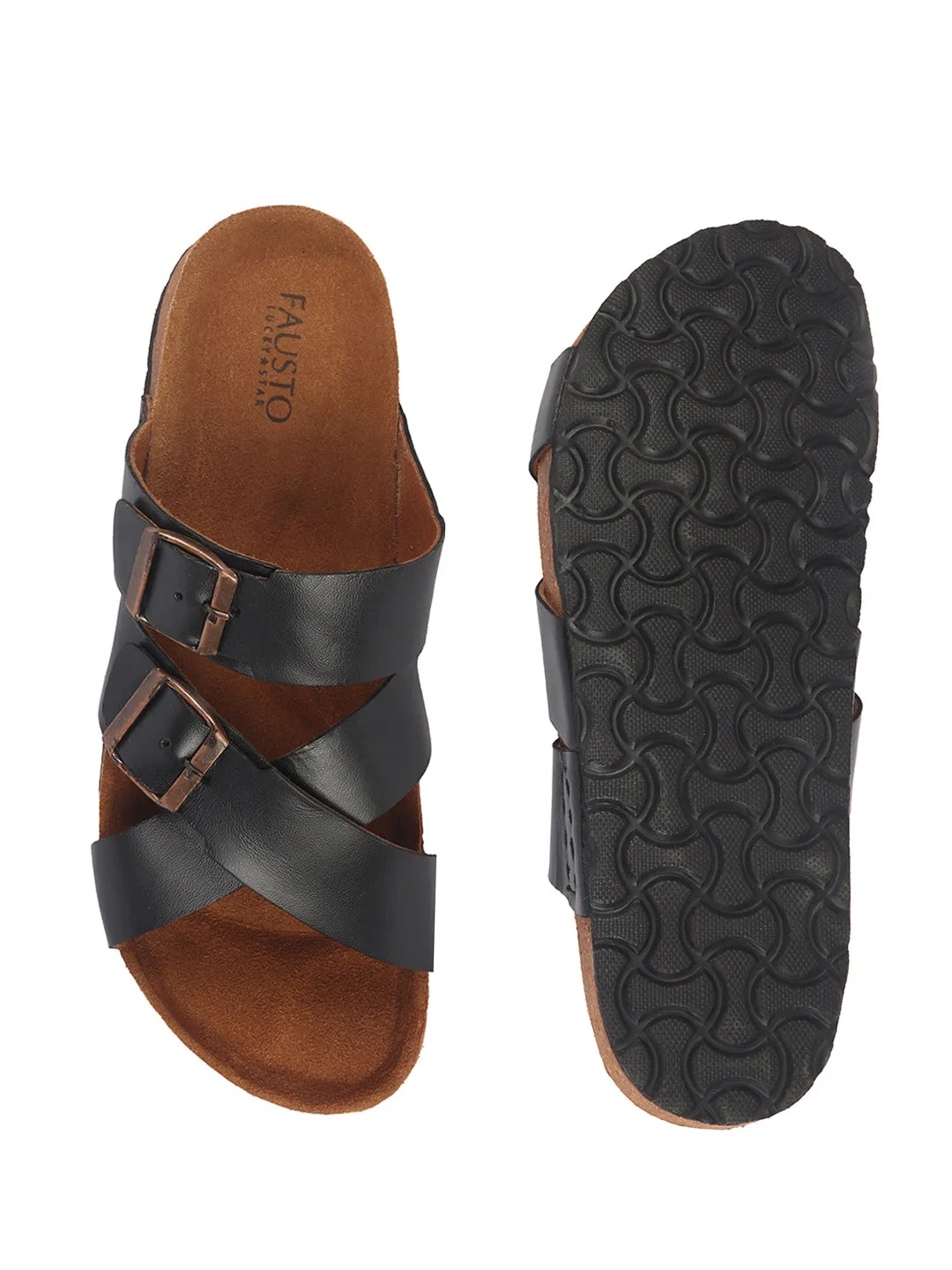 Men Black Genuine Leather Open Toe Multi Adjustable Strap Ethnic Kurta Slip On Sandals|Anti-Skid Sole Slippers|Cork Latex Suede Footbed