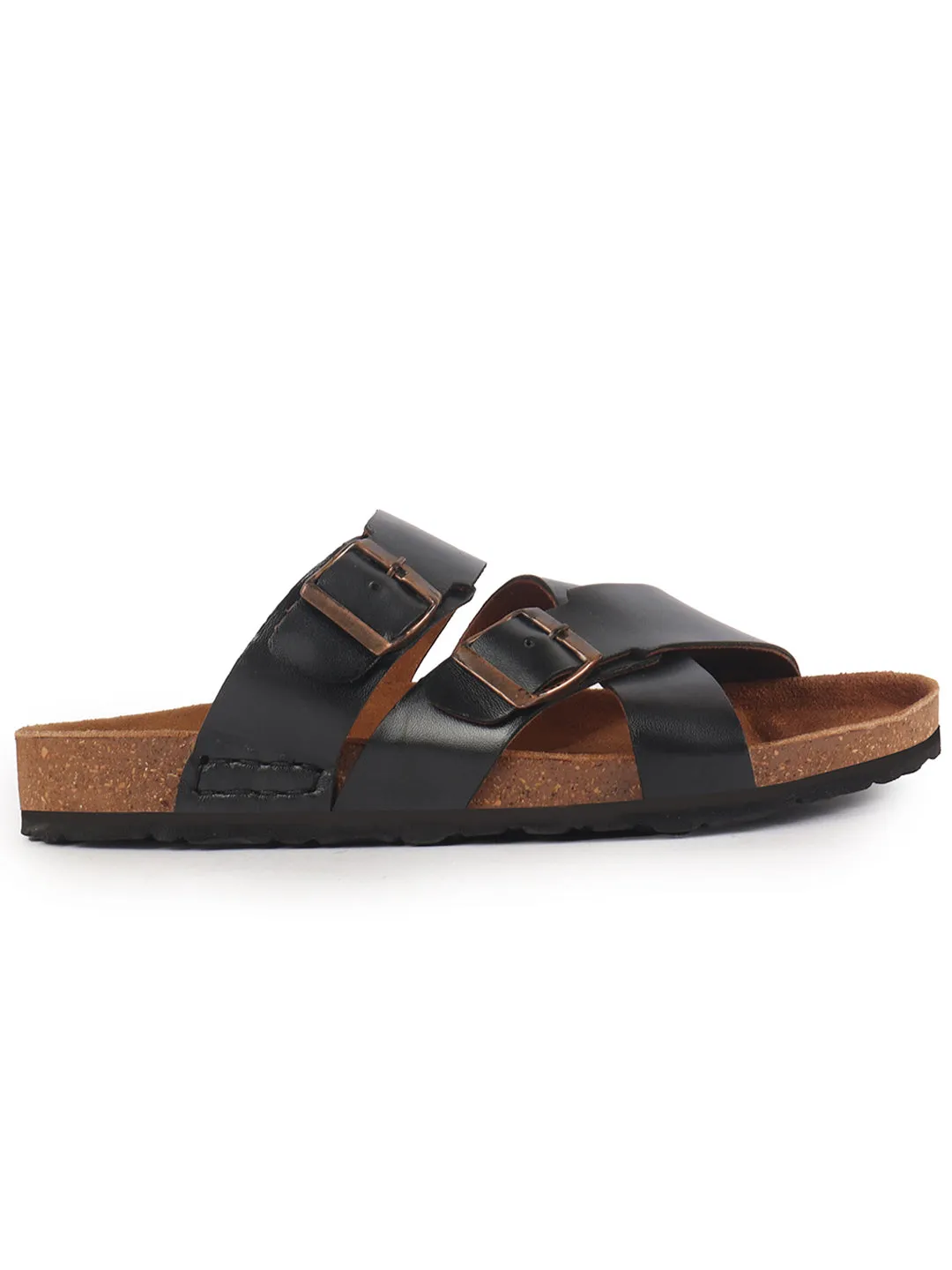 Men Black Genuine Leather Open Toe Multi Adjustable Strap Ethnic Kurta Slip On Sandals|Anti-Skid Sole Slippers|Cork Latex Suede Footbed