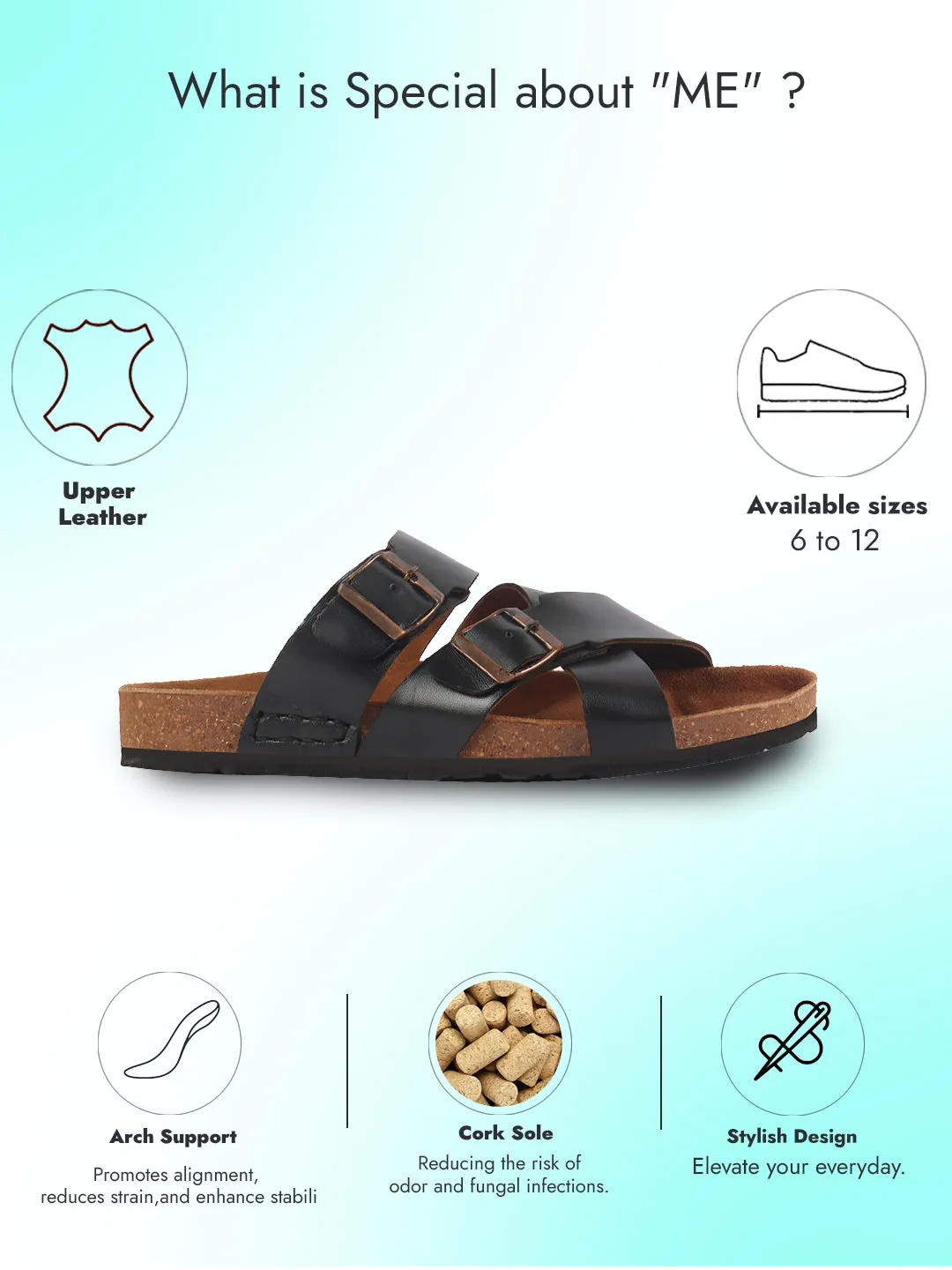 Men Black Genuine Leather Open Toe Multi Adjustable Strap Ethnic Kurta Slip On Sandals|Anti-Skid Sole Slippers|Cork Latex Suede Footbed