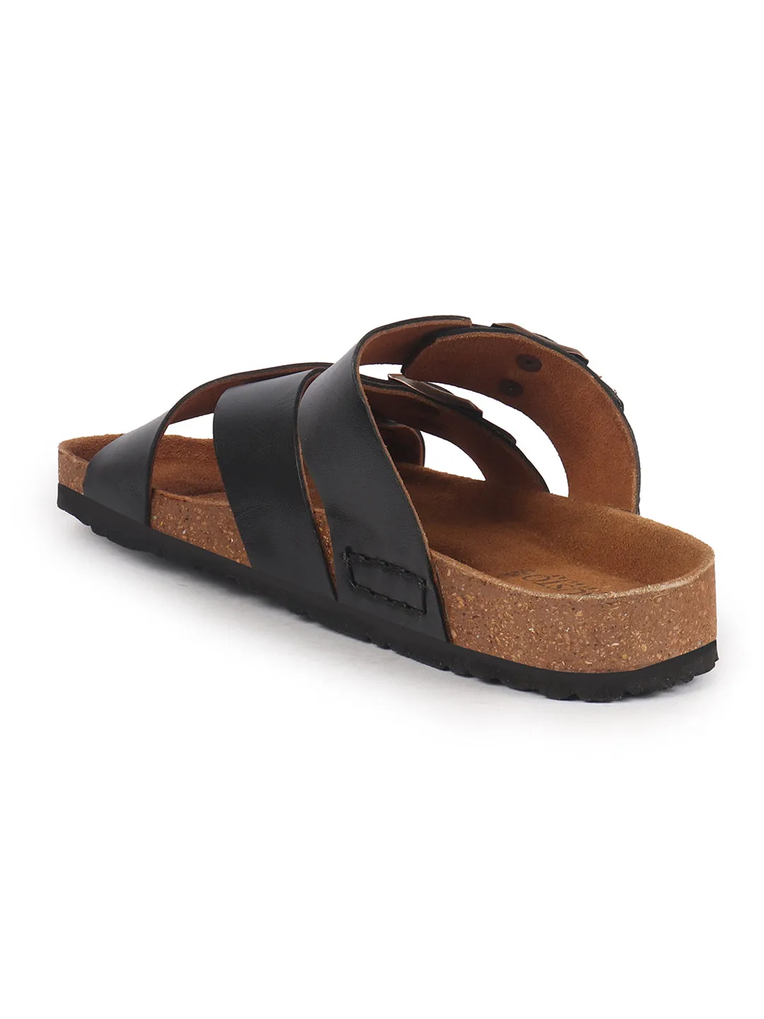 Men Black Genuine Leather Open Toe Multi Adjustable Strap Ethnic Kurta Slip On Sandals|Anti-Skid Sole Slippers|Cork Latex Suede Footbed