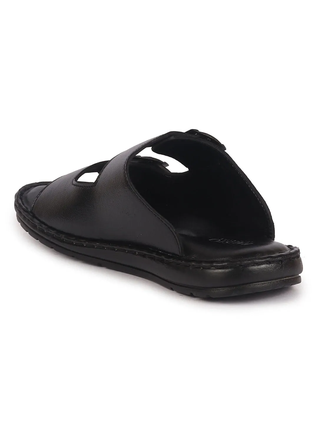 Men Black Open Toe Broad Feet Double Adjustable Strap Ethnic Kurta Slip On Sandals|Anti-Skid Sole Slippers|Memory Cushion Insole