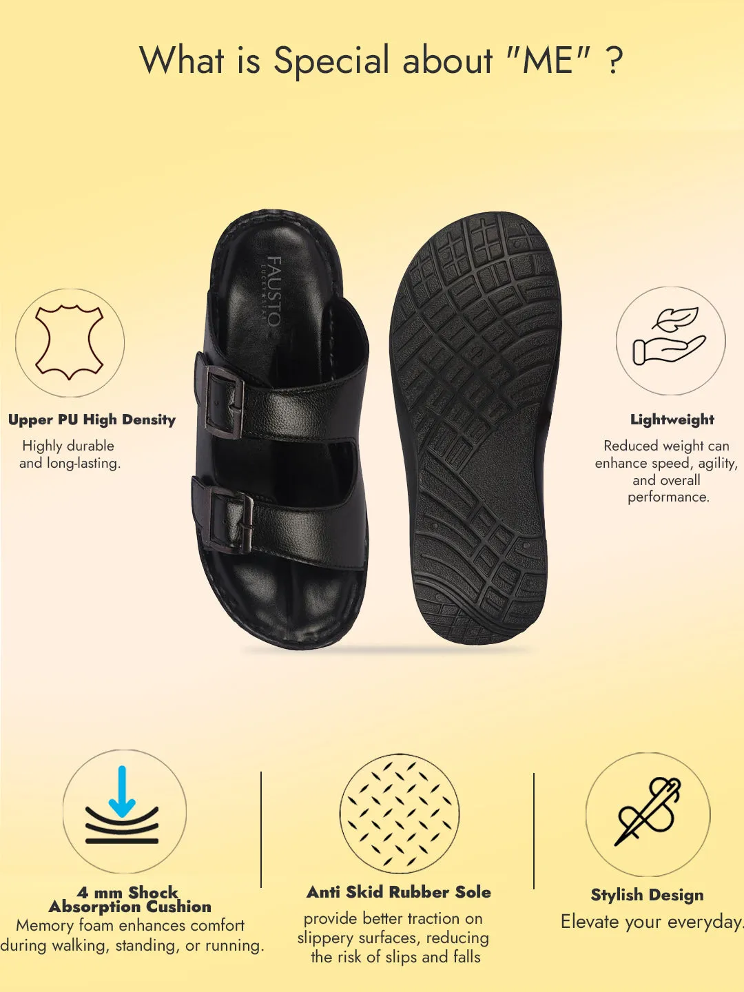 Men Black Open Toe Broad Feet Double Adjustable Strap Ethnic Kurta Slip On Sandals|Anti-Skid Sole Slippers|Memory Cushion Insole