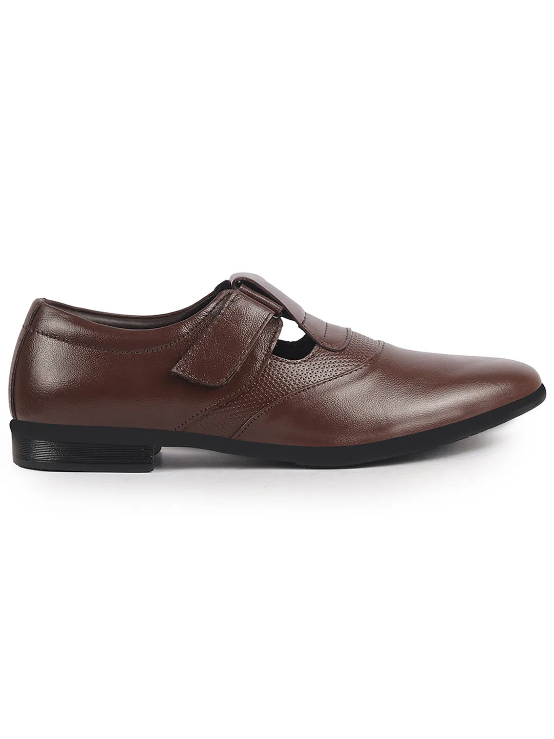 Men Brown Genuine Leather Broad Feet Breathable Slip On Pathani Shoe Style Sandals with Adjustable Strap|Memory Cushion Insole|Formal Office Wear