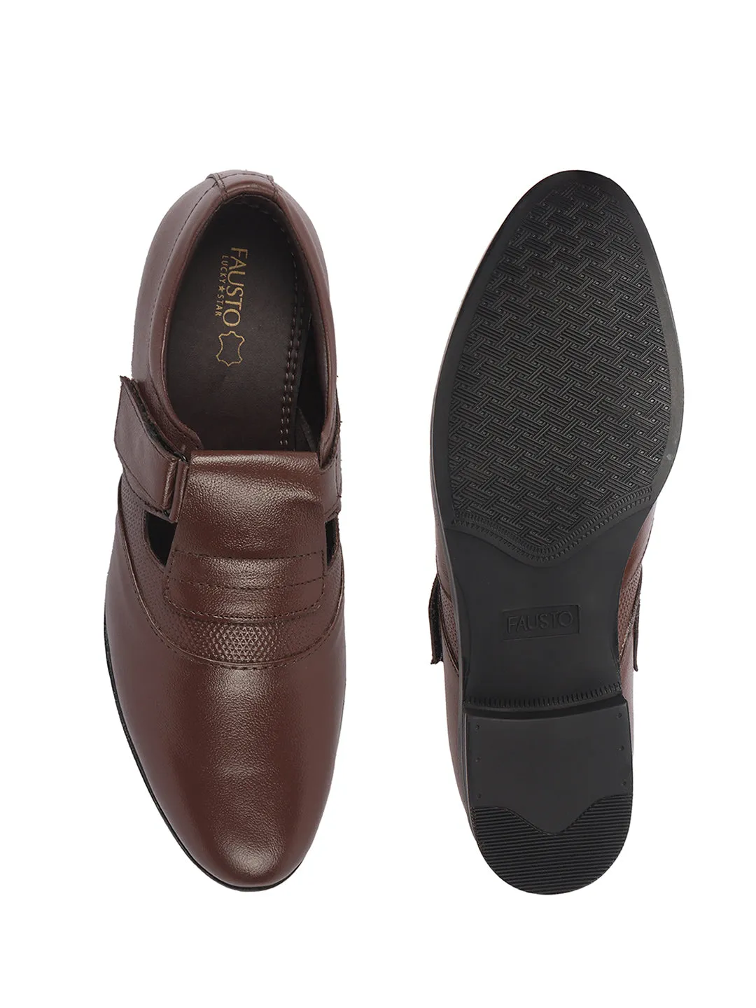 Men Brown Genuine Leather Broad Feet Breathable Slip On Pathani Shoe Style Sandals with Adjustable Strap|Memory Cushion Insole|Formal Office Wear