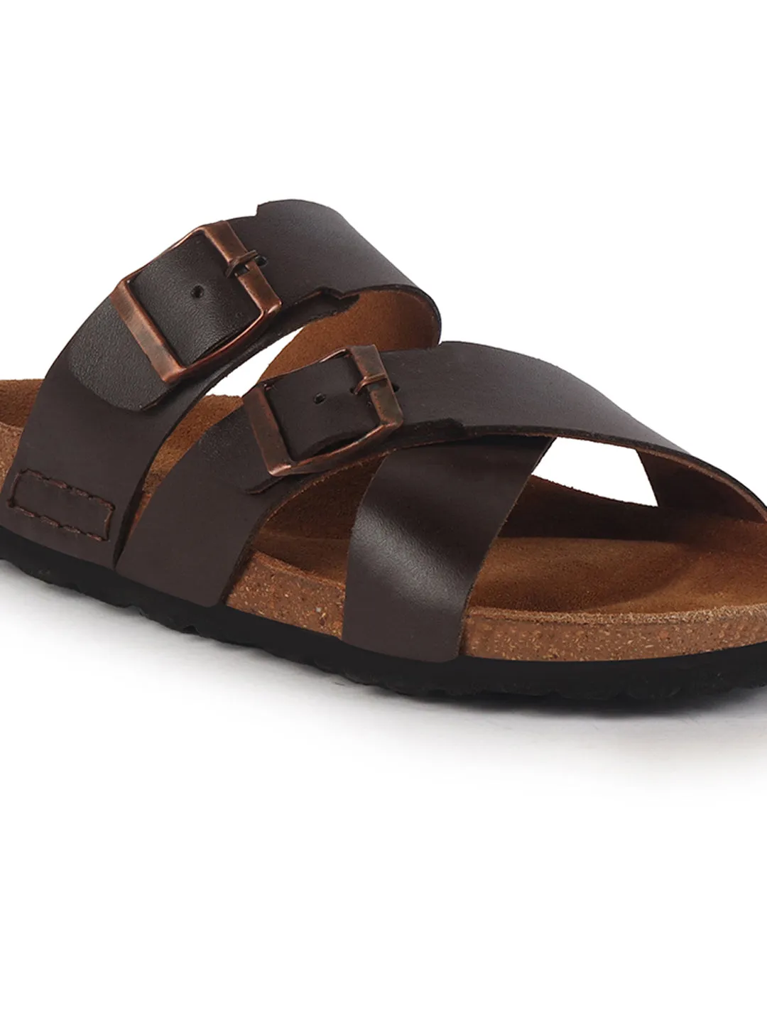 Men Brown Genuine Leather Open Toe Multi Adjustable Strap Ethnic Kurta Slip On Sandals|Anti-Skid Sole Slippers|Cork Latex Suede Footbed