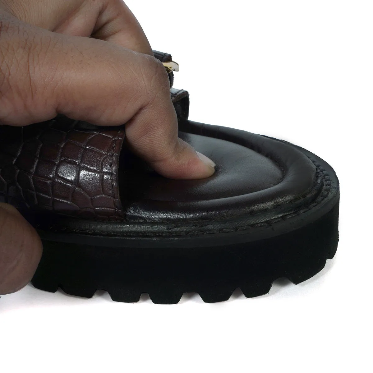 Men's chunky sole sandals in Dark Brown Deep Cut Leather