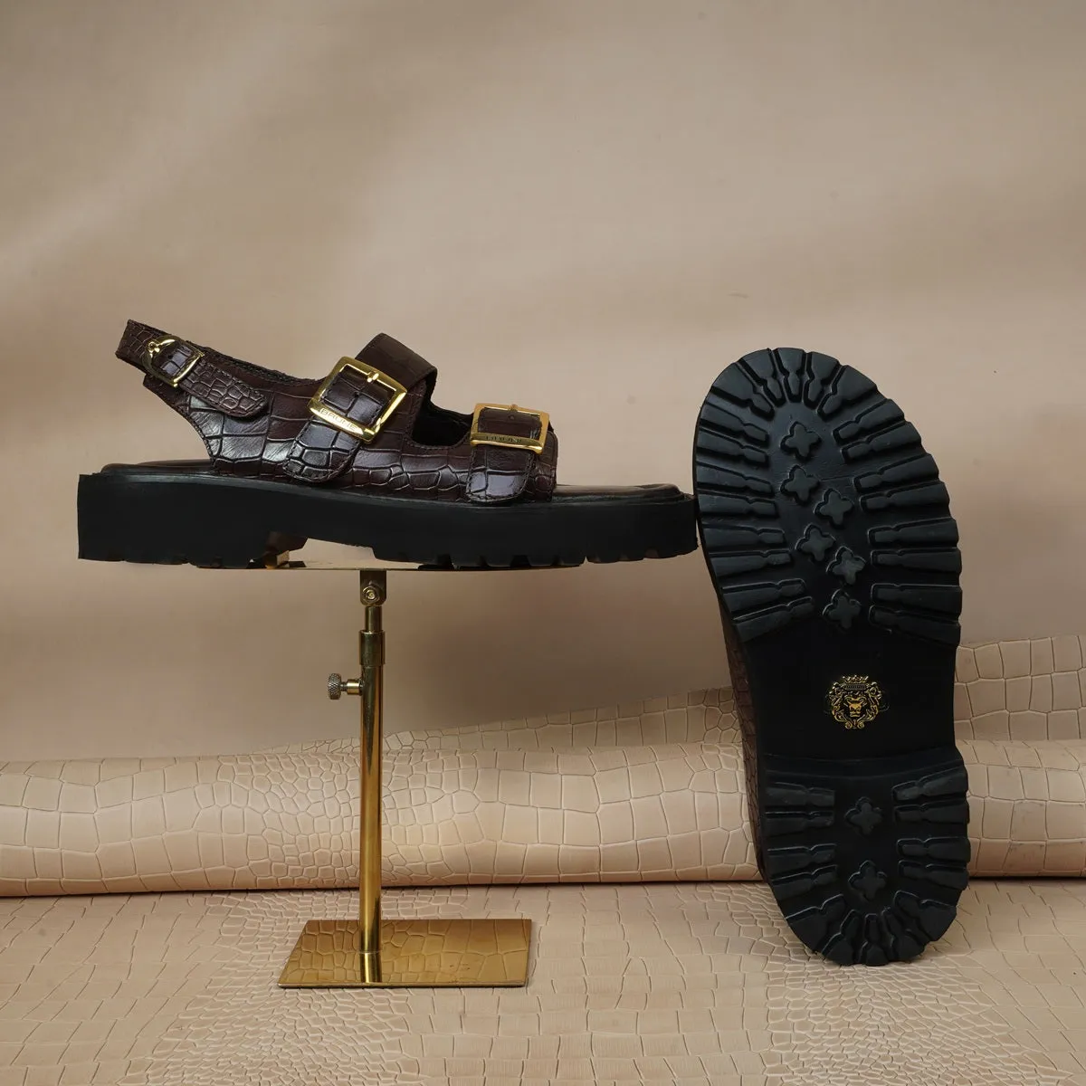 Men's chunky sole sandals in Dark Brown Deep Cut Leather