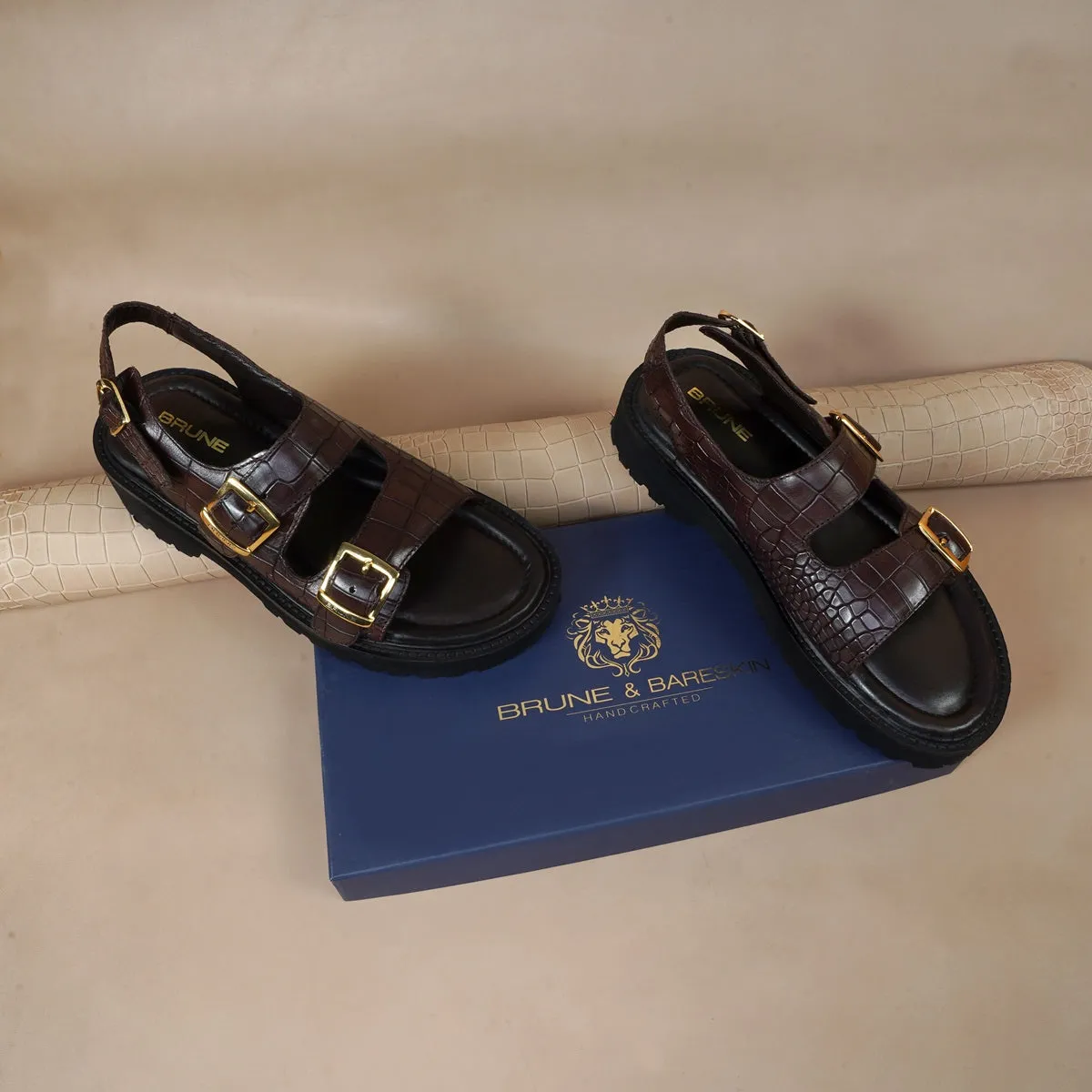 Men's chunky sole sandals in Dark Brown Deep Cut Leather