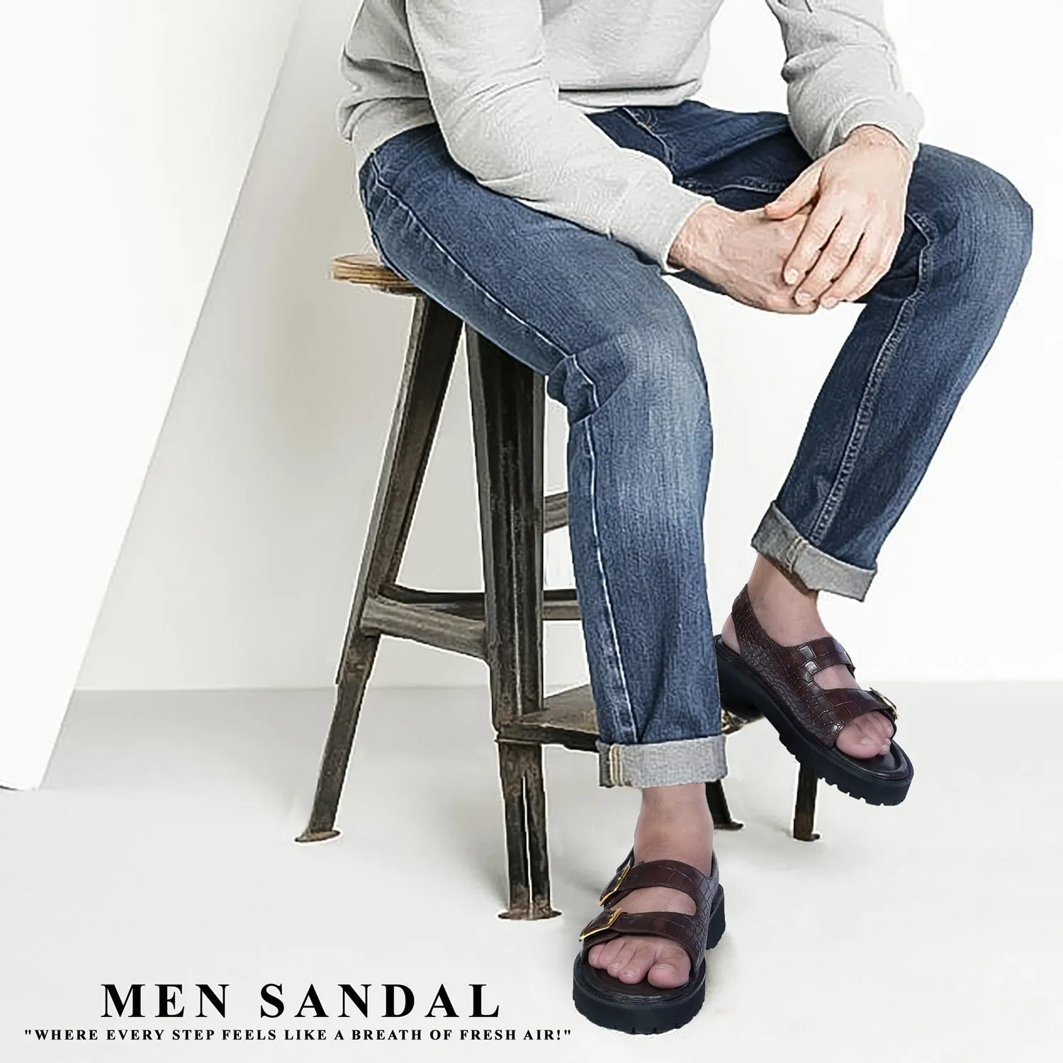 Men's chunky sole sandals in Dark Brown Deep Cut Leather