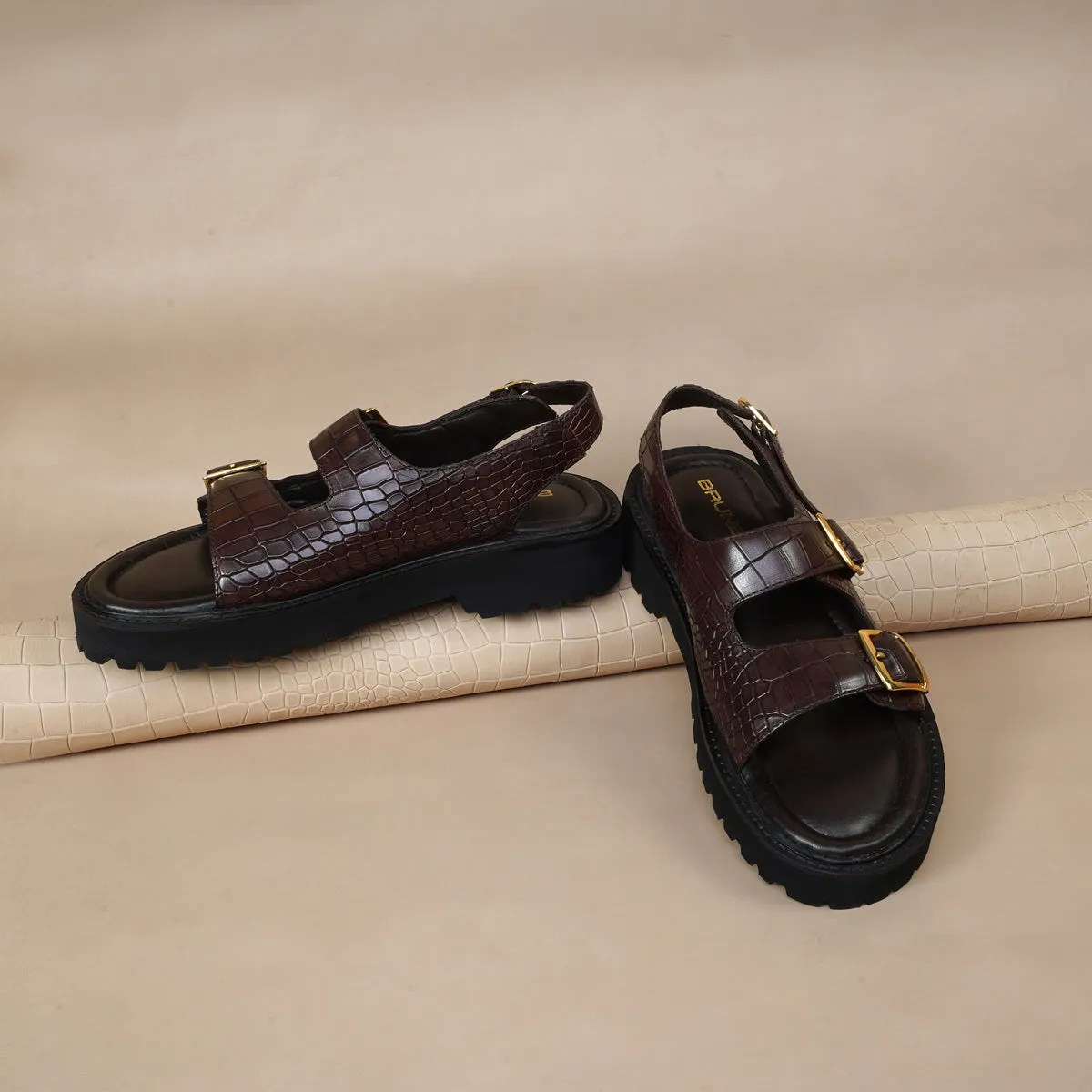 Men's chunky sole sandals in Dark Brown Deep Cut Leather