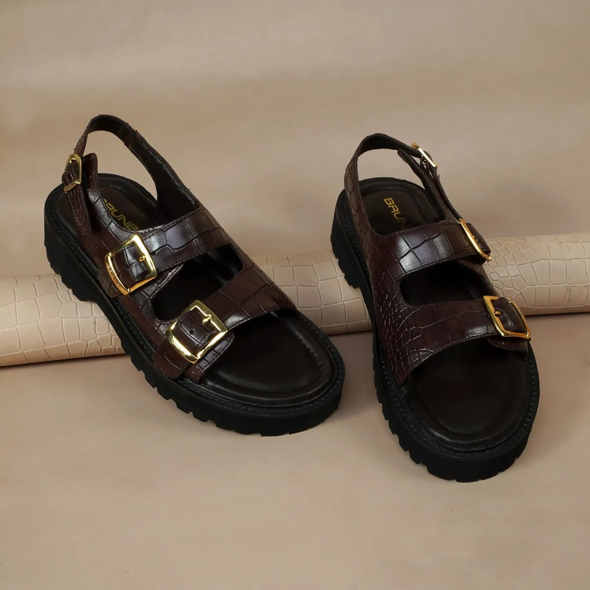 Men's chunky sole sandals in Dark Brown Deep Cut Leather