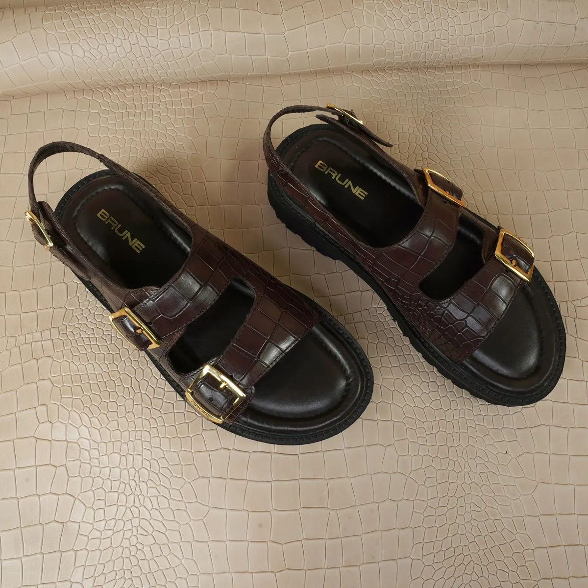 Men's chunky sole sandals in Dark Brown Deep Cut Leather