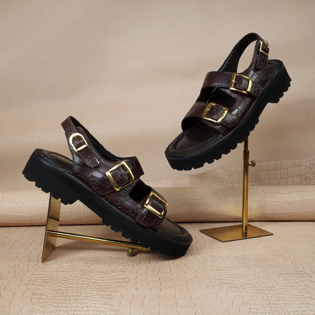 Men's chunky sole sandals in Dark Brown Deep Cut Leather