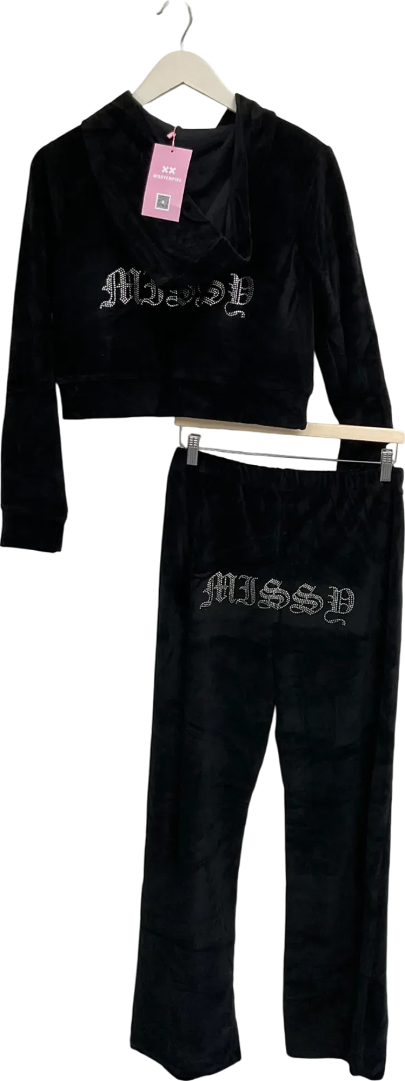 Missy Empire Black Mollie Velor Gem Embellished Tracksuit UK 12