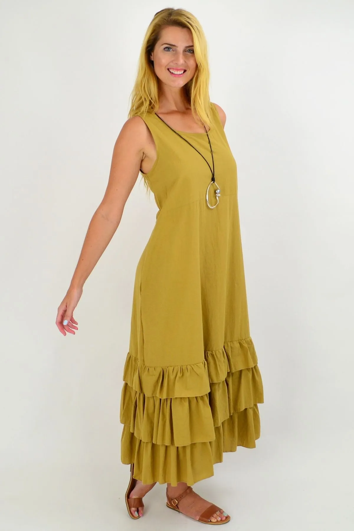 Mustard Ruffle Layer Tunic Maxi Dress