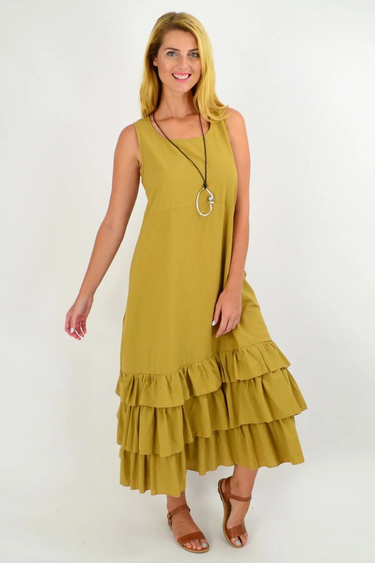 Mustard Ruffle Layer Tunic Maxi Dress