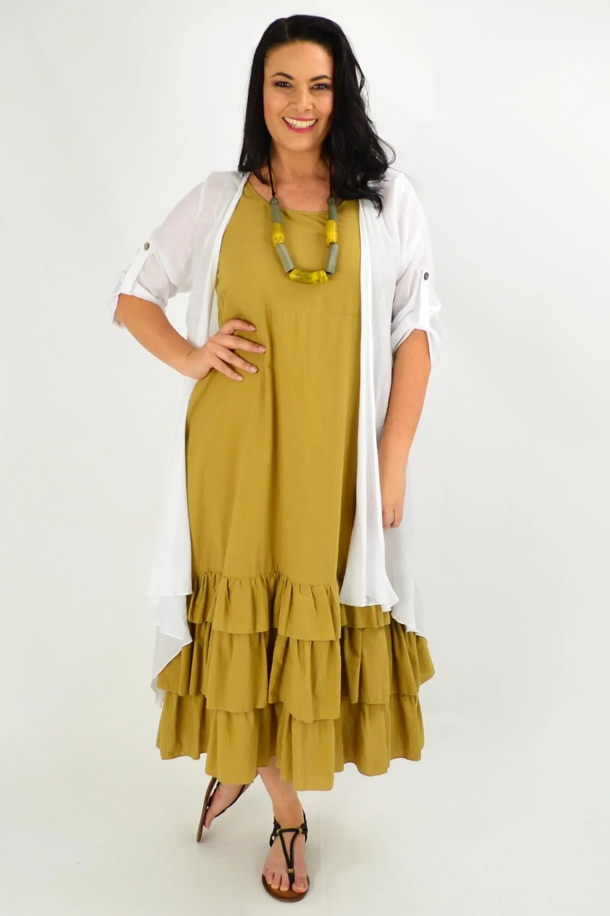 Mustard Ruffle Layer Tunic Maxi Dress