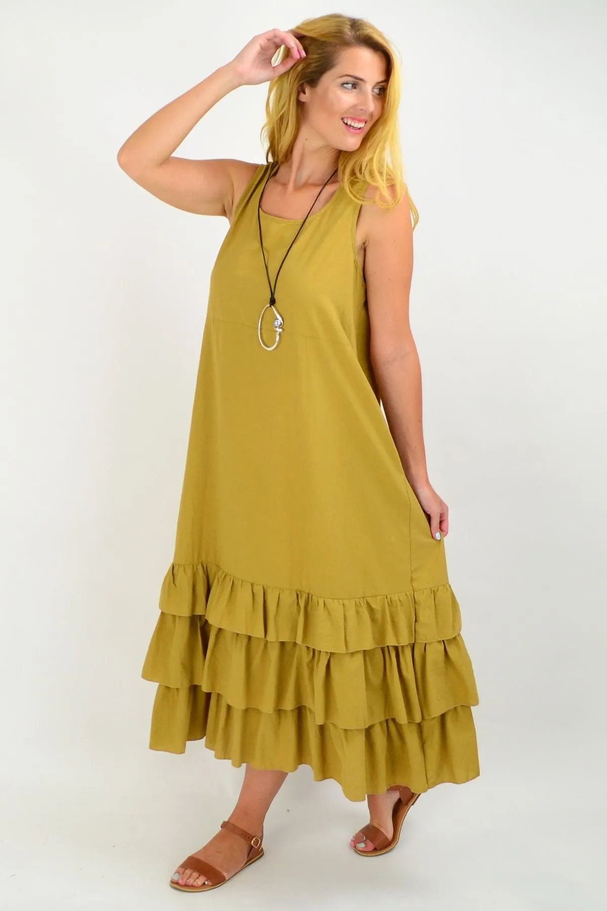 Mustard Ruffle Layer Tunic Maxi Dress