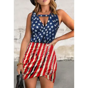 Sleeveless Flag Stripes Print Wrapped Dress