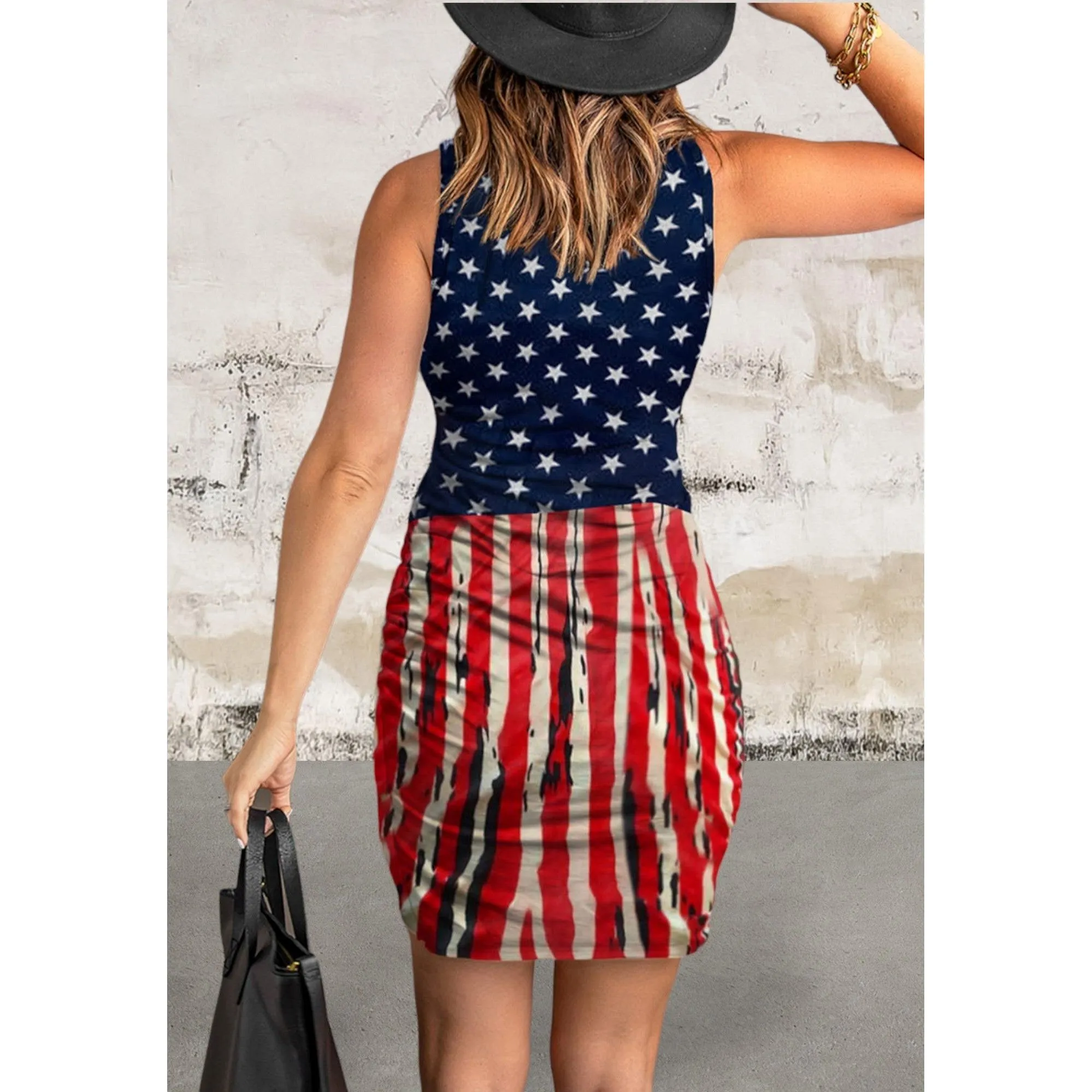 Sleeveless Flag Stripes Print Wrapped Dress