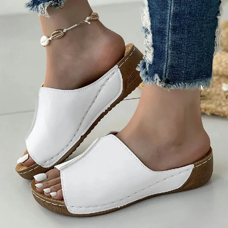 Trendy Slip On Wedge Leather Sandals
