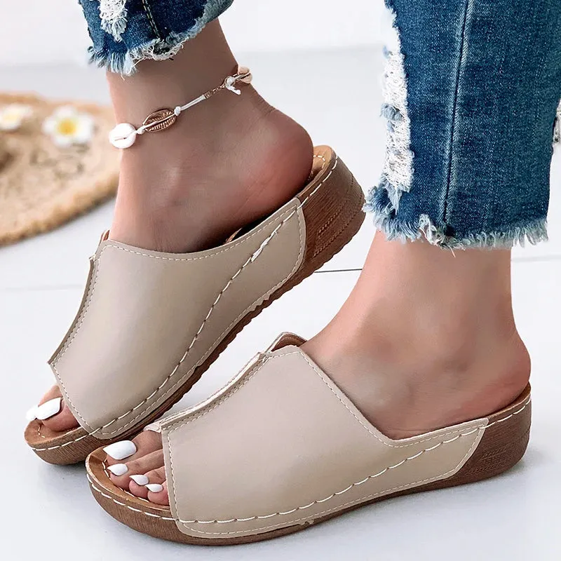 Trendy Slip On Wedge Leather Sandals