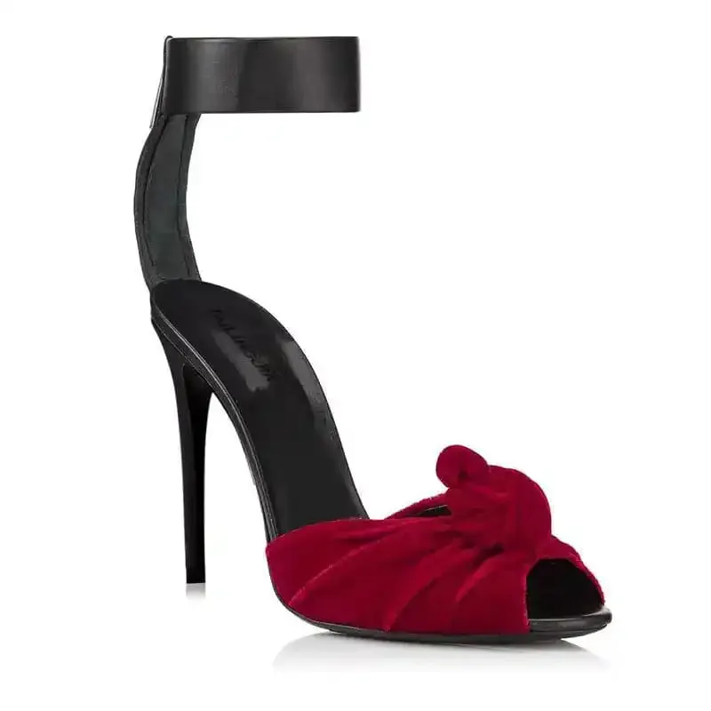Womens Red Black Velvet Knotted High Heels Sandals, Oversized Fashion Shoes
