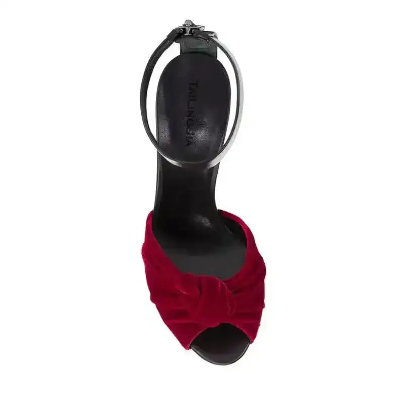 Womens Red Black Velvet Knotted High Heels Sandals, Oversized Fashion Shoes