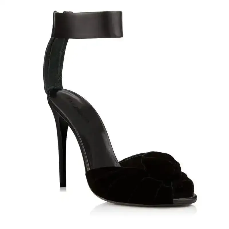 Womens Red Black Velvet Knotted High Heels Sandals, Oversized Fashion Shoes