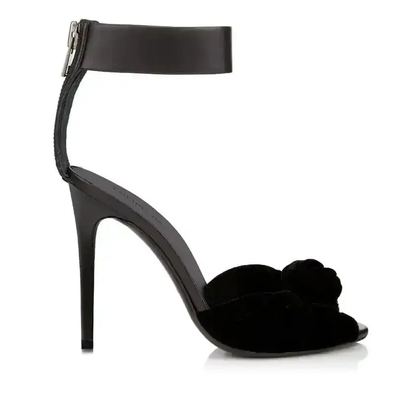 Womens Red Black Velvet Knotted High Heels Sandals, Oversized Fashion Shoes