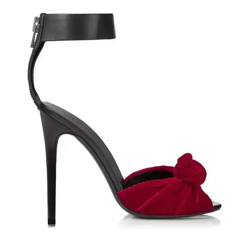 Womens Red Black Velvet Knotted High Heels Sandals, Oversized Fashion Shoes